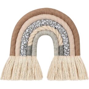 Rainbow Wall Hanging Tassels, Nordic Woven Rainbow Wall Hanging, Boho Decor Macrame Rainbow Wall Hanging for Baby Girls Kids Nursery Rooms,Modern Home Hanging Grey Pattern Cloth（9.8x8.6 inches