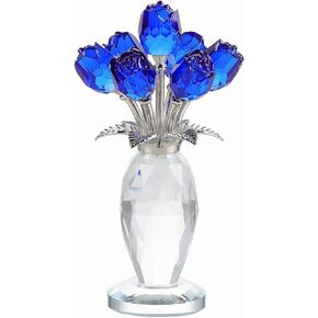 Crystal Blue Rose Flower Figurine with Vase, Handmade Romantic Rose Gifts Bouquet for Wife Mom Women, Glass Rose Flower with Stem Home Decor for Valentine's Day Mother's Day Christmas