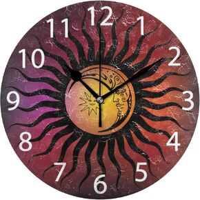 senya Sun Or Moon Bohemian Design Round Wall Clock, Silent Non Ticking Oil Painting Decorative for Home Office School Clock Art