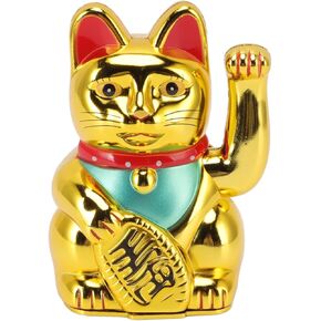 Lucky Fortune Cat, Japanese Lucky Cat with Waving Arm, Feng Shui Good Luck Cat Figurine, Battery Operated Gold Fortune Cat Wealth Health Welcoming Ornament for Home Restaurant Hotel(6in Golden Cat)