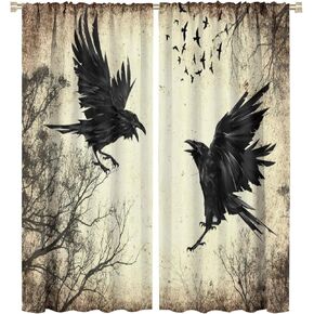 Gothic Crow Forest Curtains, Halloween Flying Spooky Black Raven Crow Black Dark Wings Thriller Rod Pocket Window Treatments Drapes for Bedroom Living Room 42x54in
