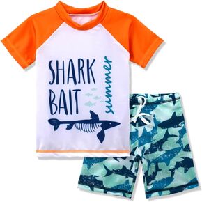 Boys Two Piece Rash Guard Swimsuits Kids Short Sleeve Sunsuit Swimwear Sets
