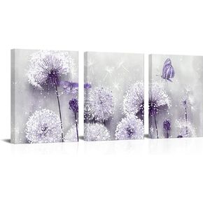 iHAPPYWALL 3 Pieces Lavender Dandelion Canvas Wall Art Abstract Wish Flower Butterfly Picture for Bathroom Bedroom Kitchen Wall Decor Ready to Hang 12x16inchx3pcs (Purple)