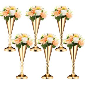 6 Pcs Flower Trumpet Vase Tabletop Wedding Table Decorative Centerpiece Table Decorations Gold Tall Flower Vases Flower Arrangements for Floral Party Anniversary Birthday Decor (M)