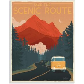 Stupell Industries Take The Scenic Route Phrase Retro Mountain Travel، من تصميم جانيل بينر، لوحة حائط، 13 × 19، برتقالي