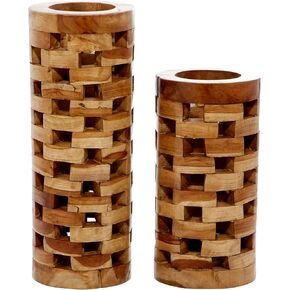 Deco 79 Teak Wood Handmade Decorative Vase Centerpiece Vases with Cut Out Patterns, Set of 2 Vases for Home Decoration 16", 12" H, Brown