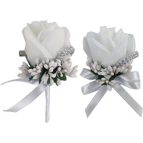 4pcs Men Wedding Boutonniere Rose Corsage Silk Groom Corsage with Pins and Clips Groom Wedding Prom Suit Decoration (white)