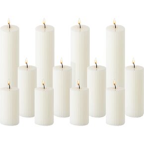Set of 12 Ribbed Pillar Candles Soy Wax Home Decor Modern White Candles with Cotton Wick for Wedding, Home, Restaurants, Spa, Church Decoration, 2 x 3 Inch, 2 x 6 Inch, 2 x 8 Inch