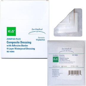 ZeniPad Plus (2" x 2") Multi-Layer Composite Wound Dressing with Adhesive Fabric Tape Border - Sterile, Latex-Free, Waterproof Dressing for Wounds, 10/Box