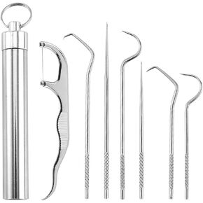 Dental Teeth Pick 7 Pack Stainless Steel Toothpick Kit Dental Tools Tooth Stains Remover Dental Floss Ficks Teeth Cleaning Tools with Holder for for Outdoor Picnic, Camping, Travel