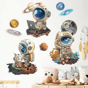 Cute Cartoon Space Astronaut Wall Stickers, sacinora Cosmic Galaxy DIY Wall Decals Removable Vinyl Peel and Stick for Kids Baby Boy Nursery Living Room Bedroom Children's Room Art Decorations