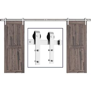SMARTSTANDARD 8ft Siliding Barn Door Hardware Kit باب مزدوج من النيكل المصقول سهل التركيب يناسب لوحة الباب العريضة مقاس 24 بوصة (شماعة على شكل J) in Kuwait