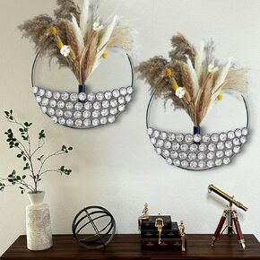 ZEXUIRU 2 Set Round Metal Vase Wall Decor with Rhinestone Hanging Planter Wall Mounted Pampas Holder Display Bling Diamond Flower Vase Decoration for Living Room Bedroom Office Black