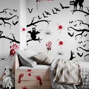 HLNIUC Happy Halloween Wall Decals 55PCS Lovely Halloween Wall Sticker Peel and Stick Bat Ghost Window Decor Stickers Halloween Themed Candy Pumpkin Room Art Decal Gift for Kid Bedroom Halloween Party