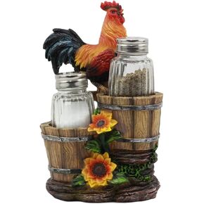 Ebros Sunflower Farm Crowing Rooster Standing On Fence By Old Fashioned Wooden Buckets Glass Salt And Pepper Shakers Holder Figurine 6.5"H Chicken Country Western Decorative Sculpture