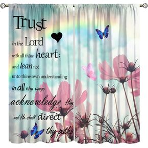 Rustic Floral Curtains for Kitchen,Boho Inspirational Quotes Watercolor Art Colorful Flowers Butterflies Print Rod Pocket Window Treatments Drapes for Bedroom Living Room42x45in