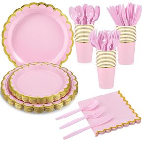 175 Pcs Light Blue Paper Plates and Napkins, 25 Guest Light Blue Plates Set Include Scalloped Blue Paper Plates with Gold Edge Napkins Cups Plastic Cutlery for Baby Shower, Wedding, Birthday