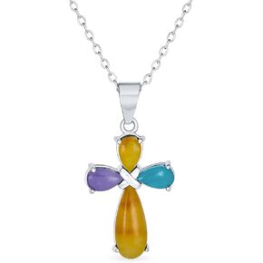 Bling Jewelry South Western Style Semi Precious Gemstones Red Heart Cross Pendant Religious .925 Sterling Silver Necklace For Women Teen