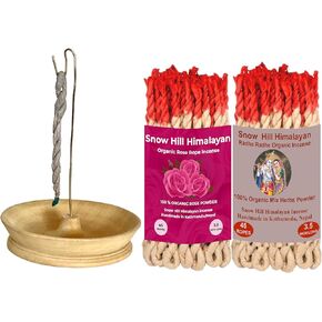 Snow Hill Incense Rope Holder Burner with 2 Packet Rose & Radhe Radhe Incense Rope Organic Composed of 26 Ritual Ingredients -Wooden Incense Ash Catcher Burner - Handmade in Nepal