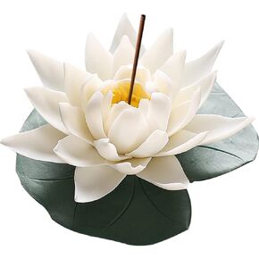 WAYUTO Handmade Ceramic Incense Burner with Tray White Lotus Sticks Holder Cone Incense Burner Flower Incense Holder for Yoga Living Room Home Decor