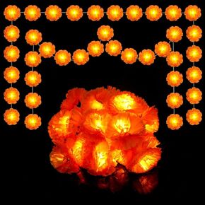 2 Pack 10 Ft Light Up Marigold Garlands, 20 Ft in Total, Glow in The Dark Artificial Flower Hanging String Lights, Decorations for Diwali, Dia De Los Muertos Altar, Day of The Dead