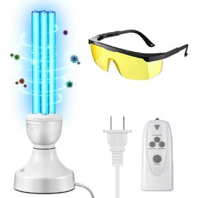 Qualirey 25 Watt UV Light Sanitizer, UVC Lamp with E27 Base and Remote Control and UV Protection Glasses, UV Light Bulb for Basement, Bedroom, Kitchen, with Ozone