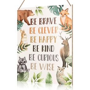 UDNADKEX Boho Nursery Wall Sign Hanging Decor, Be Brave Be Clever, Safari Nursery Boy Bedroom Jungle Animal Toddler Room Wooden Decor Forest Woodland Nursery Motivational Decoration