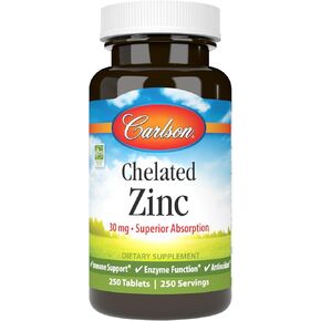 Carlson - Chelated Zinc, 30 mg, Chelated Zinc Supplement, Zinc Glycinate Chelate, Superior Absorption, Immune Support & Enzyme Function, Zinc Tablets, Antioxidant, 250 Tablets
