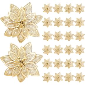 Lyrow 24 Pieces Christmas Glitter Poinsettia Artificial Flower with Clips 4 Inch Xmas Flowers Decoration Christmas Tree Wreaths Garland Decor for Holiday Party Ornaments (Royal Blue)
