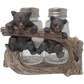 Rustic Bear Salt and Pepper Shakers with Tree Branch Holder for Cabin Décor