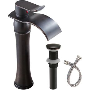 Homevacious Bathroom Vessel Sink Faucet Waterfall,Matte Black Bathroom Faucet Single Handle,Single Hole Bowl Vanity Sink Faucet,with Pop Up Drain and Supply Lines,Commercial Lavatory Mixer Tap