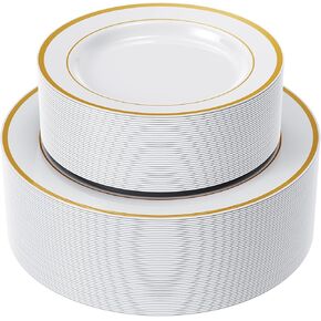 FOCUSLINE 102Pcs Gold Plastic Plates, White and Gold Rim Disposable Plates, Including 51 Dinner Plates 10", 51 Dessert Plates 7", Elegant Fancy Heavy Duty Wedding Party Plates