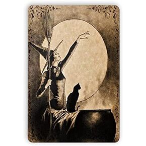 Broom Witch Metal Tin,Signs Kitchen Witchery Iron Painting Plaque Halloween Wall Decor for Bar Cat Club Parlor Cafe Store 8x12 Inch