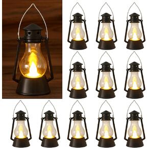 12Pcs LED Mini Vintage Lantern Decor Indoor Decorative Outdoor Hanging Lantern Decorative Small Candle Lanterns Farmhouse Decor for Wedding Centerpiece,Halloween,Christmas,Farmhouse Decorative