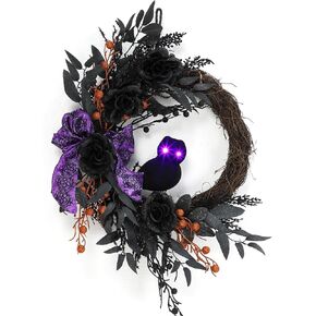 20 Inch Prelit Halloween Wreath, Halloween Wreaths for Front Door with 30 Purple LED Lights Glitter Bats and Spiders, Light Up Bat Wreath for Indoor Outdoor Home Party Decorations