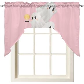 Halloween Kitchen Curtains Swag Valance and Tier Curtains Set 36 Inch Length, White Ghost Pumpkin Blush Pink Rod Pocket Drape Panels Pair Swag Curtains for Bathroom/Cafe/Window