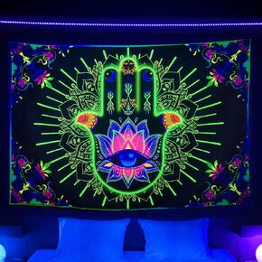 Spiritual Blacklight Tapestry UV Reactive, Trippy Hamsa Hand Evil Eye Mandala Black Light Art Poster for Men Room Bedroom, Psychedelic Bohemian Meditation Glow in the Dark Blanket Party Decor (60X40)