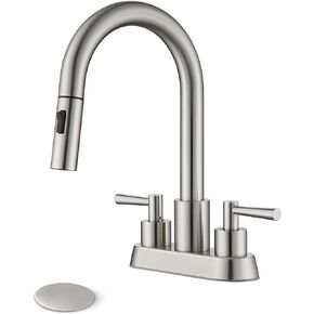 Bathroom Sink Faucet with Pull Down Sprayer 2 Handles, Brushed Nickel Bathroom Faucet 3 Holes, 4 Inch Sink Faucet Bathroom with 360 Degree Swivel Spout, Pop Up Drain Assembly Included