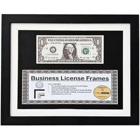 8.5x11Business License Frame,First Dollar Frame with Business License, Mat Holds 1st Dollar and One 3x8.5 License Including Self Standing Easel and Wall Hanger,with Dollar & 4x9 Business License ,