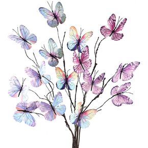 Purple Butterfly Decorations, Silk Butterfly Stems Artificial Willow Branches with Butterflies for Vase Floral Arrangements for Wedding Home Office Party Decoration (Pack of 3)