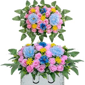 Artificial Cemetery Flower Saddles for Graves,Outdoor Grave Saddle Headstone Decorations,Artificial Rose Bouquet Grave Memorial Flowers for Grave Decorations (Light Pink Rose, Saddle)