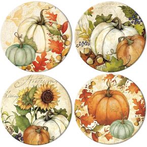 Whaline 4Pcs Fall Thanksgiving Coasters Vintage Autumn Pumpkin Ceramic Drink Coasters Absorbent Retro Harvest Cup Mat for Mugs Cups Home Kitchen Office Party Supplies