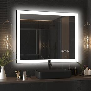 LED Bathroom Mirror, 40"x32" Black Aluminum Framed Vanity Mirror with Front and Backlit, Stepless Dimmable Lighted Mirror with Anti-Fog, 3 Colors Wall Smart Mirror (Horizontal/Vertical)