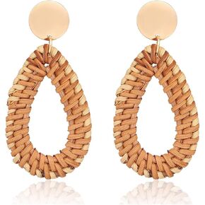 Lightweight Rattan Statement Earrings for Women,Geometric Tassel Woven Boho Earrings Handmade Straw Wicker Braid Hoop Drop Dangle Earrings
