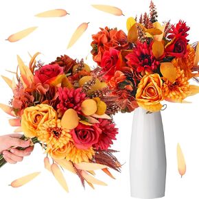 2 Pcs Artificial Fall Flower Bouquets Silk Fall Flowers Fall Cemetery Flowers Autumn Fake Silk Orange Flowers Bohe Wedding Bouquet Decor Fall Faux Flowers for Thanksgiving Home Table Centerpiece Decor