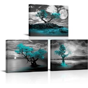 RyounoArt 3 Panel Tree Canvas Wall Art Black and White Teal Tree with Full Moon Painting Pictures Prints Artwork for Living Room Bedroom Wall Decor Framed Ready to Hang
