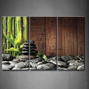 3 Panel Zen Wall Art Bamboo Canvas Green Spa Wooden Background Painting Pictures Print On Canvas Botanical Picture for Modern Decoration Ready To Hang