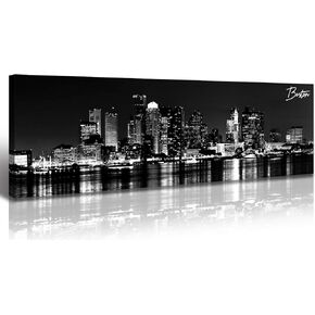 DJSYLIFE Boston Skyline Wall Art Canvas Wall Art Black and White Modern Panoramic Cityscape Pictures Paintings for Bedroom Office Decor, Ready to Hang 13.8"x47.3"