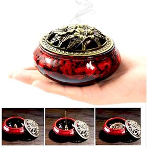 Incense Burner 3 in 1 Ceramic Stick Incense Holder for Home Decor Yoga Spa Meditation (Red), 4inchx2.9inch