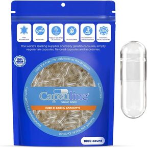 Capsuline Size 0 Empty Gelatin Capsules, Clear - 1000 Count | Gluten Free, Kosher, Non-GMO Certified | Pure Bovine Pill Caps for DIY Supplement Filling
